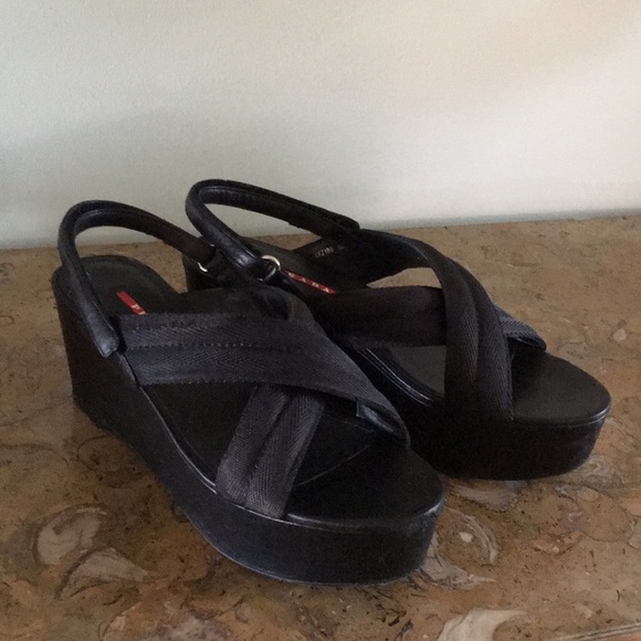 Prada Grosgrain Criss Cross Crossover Wedge Heel - Picture 2 of 7